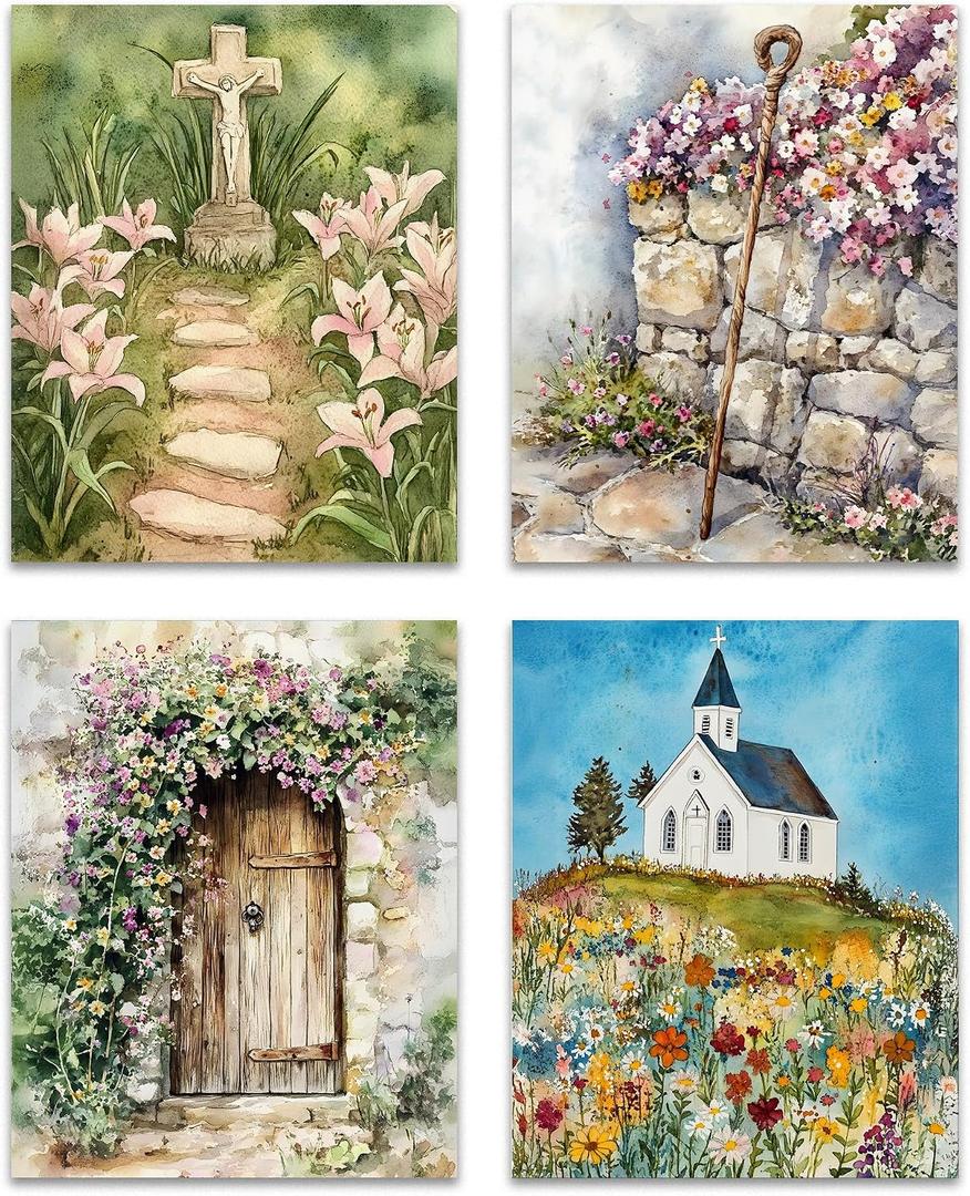 GTYNU Religious Christian Wildflower Wall Art Set of 4,Botanical Wildflower farmhouse decor，Boho Neutral Canvas Vintage Prints,Vintage Floral Pictures Minimalist Farmhouse Poster,8x10 Unframed（1）