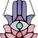 Hamsa Hand Decor Stained Glass Window Hangings,Lotus Flower Suncatchers for Windows Amulet Meditation Home Decor,Spiritual Gift for Women,Baptism Blessing Housewarming Gift