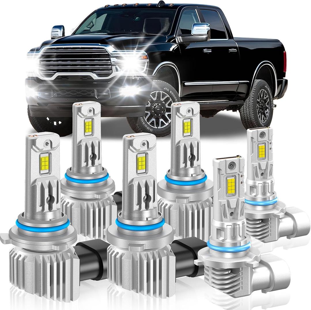 Fit for Dodge 2013-2015 Ram 1500 2500 3500(with Projector) Light Bulbs, High/Low Beam Fog Light Bulbs Combo, 800% Brightness CSP Chips, 6000K White, Efficient Heat Dissipation, Pack of 6