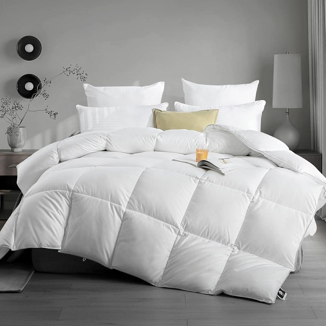 Hotel Luxury Down Fibers Comforter Queen Size - All Season Duvet Insert with Egyptian Cotton Blend Shell, High Fill-Power Hypoallergenic Fluffy Down Feather Fibers Filled, White 90x90 Inch