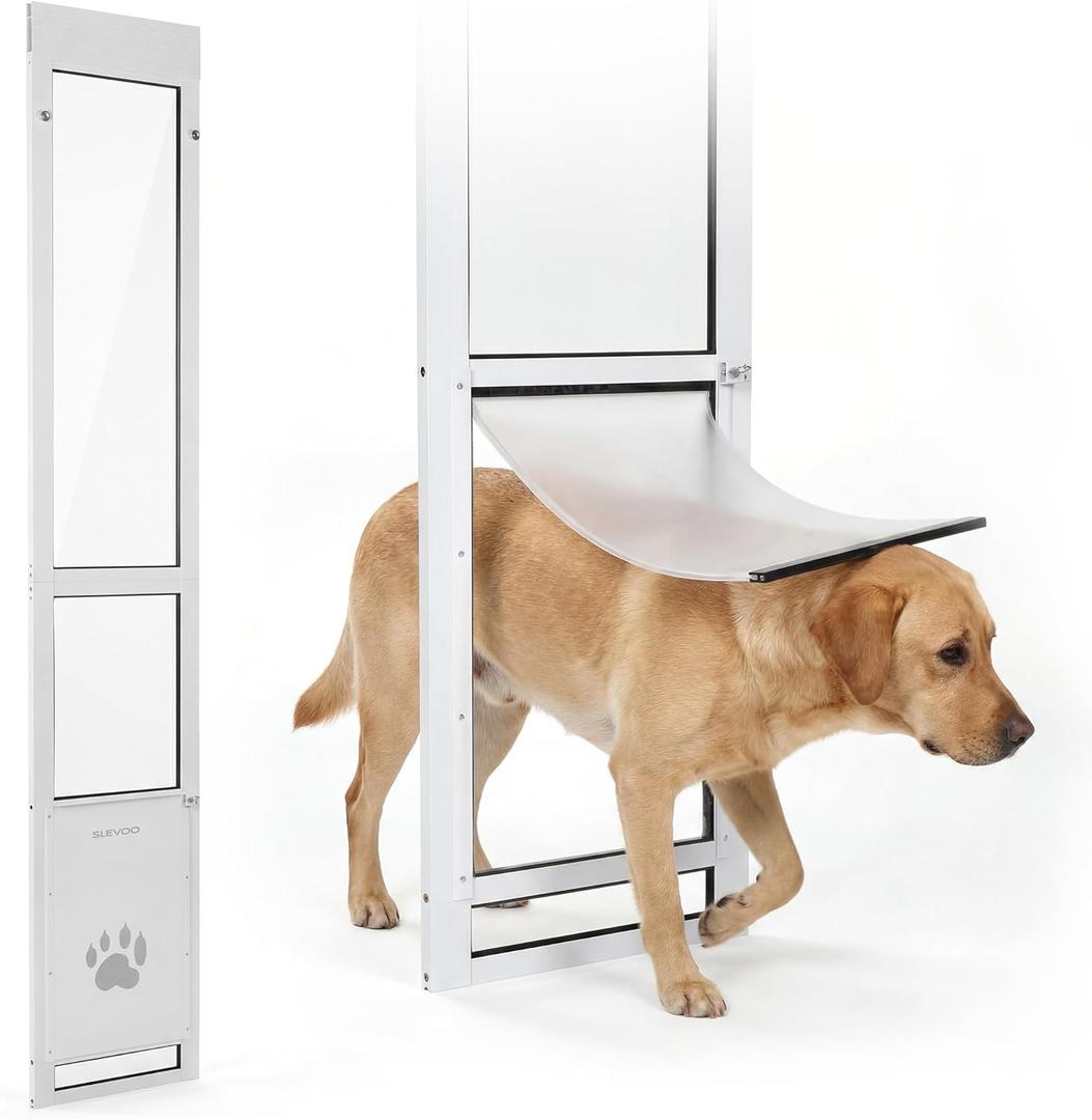 Slevoo Sliding Glass Dog Door, No-Cut Installation, Height Adjustable 79 1/5" to 82", Upgraded Silicone Flap, Weatherproof & Secure Pet Door for Large Dogs, White Aluminum Frame (Large)