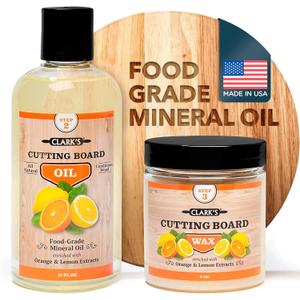 CLARK'S Food Grade Mineral Oil (12oz) and Carnauba Wax (6oz) Set - 100% Natural Butcher Block Oil and Cutting Board Wax - Food Safe Beeswax and Wood Cutting Board Oil with Orange & Lemon Extract