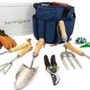 Natury Garden Tools Set Premium Stainless Steel Gardening Hand Tools with Solid Beechwood Handle Gardening Kit with Rake, Shovel, Gloves, Shears, Tool Organizer Garden Gifts for Women and Men