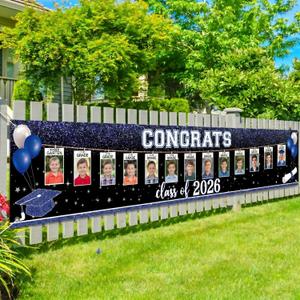 HunnmingRe Large 2026 Graduation Decorations K-12 Photo Banner Blue Congrats Grad Yard Sign Class of 2026 Photo Banner for Kindergarten High School Middle School Graduation Party Supplies