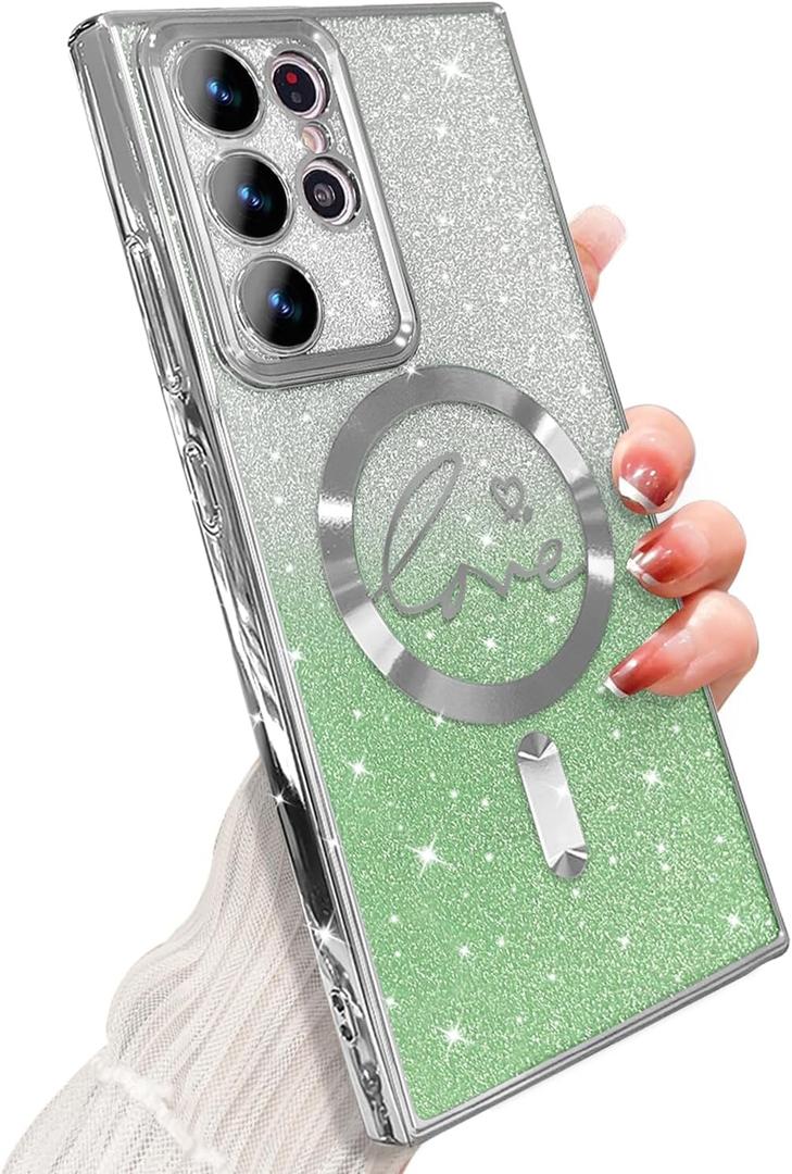 ZONRW for Samsung Galaxy S22 Ultra Case Magnetic,for Women Girl Soft Cute Luxury Love Heart Plating Bling Gradient Glitter Phone Case Compatible with MagSafe Clear Shockproof Back Cover 6.8-Green