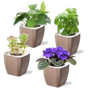 Oliz 4 Pack Self Watering Pots 4-inch Decorative Flower Planters for Indoor Plants Modern Square planters for Small Plants Window Sill Planters for Succulents, African Violets, Herbs