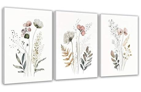 Botanical Wall Art Boho Wall Decor Wildflower Wall Decor Floral Painting Posters Minimalist Botanical Print Wall Art for Living Room Bedroom Bathroom 16×24 in*3(Framed)