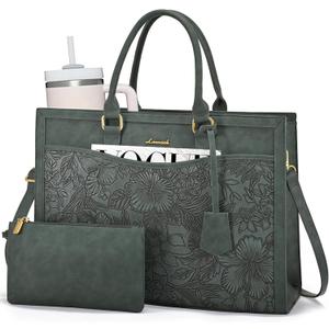 LOVEVOOK Laptop Tote Bag for Women, Office Work Bag Briefcase fit for 15.6 inch Laptop, Large Capacity Teacher Bag Handbag (Retro Embossed Green)