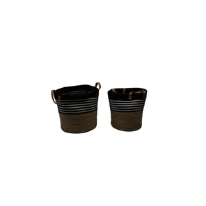 HD Medium-Large Fabric Rope Basket , Black Stripe and Brown, Set of 2