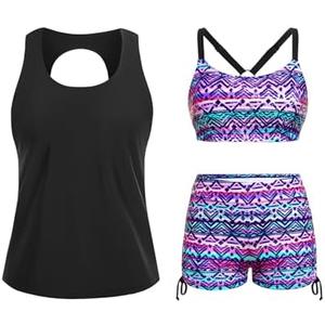 Yonique 3 Piece Womens Tankini Swimsuits with Shorts Athletic Bathing Suits Tank Tops with Bra and Boyshorts, L