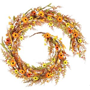 6.5 Ft Fall Leaves Daisy Vine Garlands Artificial Autumn Garland with Wildflower Sunflower Daisy Eucalyptus Garland for Thanksgiving Harvest Door Mantle Fireplace Party Table Home All Year Round Decor