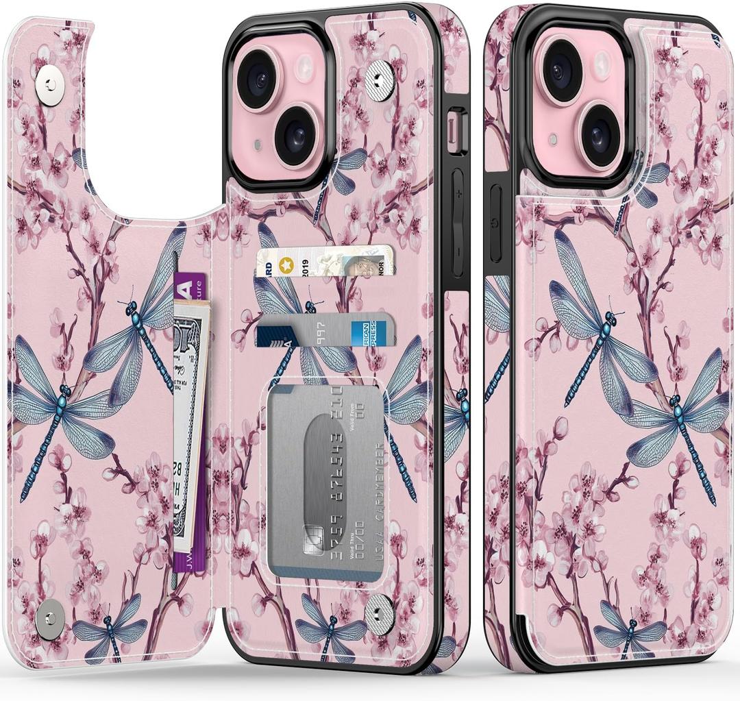 FUNMIKO for iPhone 14 Wallet Case with Card Holder + Cash Clip, RFID-Blocking, Military-Grade Drop Protection & UV-Printed Artwork, Magnetic Closure with Leather Kickstand - Blue Dragonflies