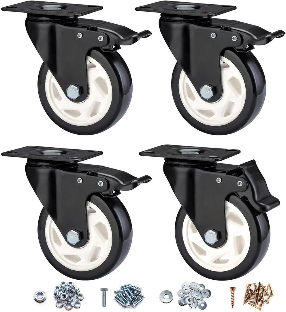 Heavy Duty Locking Caster Wheels with Brake, Non-Marking Swivel Casters Set for Cart & Furniture, 4 Inch Set of 4 / Black