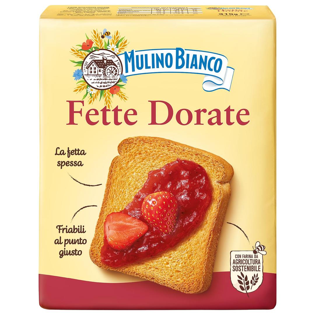 Mulino Bianco Fette Dorate 11.11oz (315g) Authentic Italian Golden Toasted Bread Perfect for Breakfast, Snacks, and Appetizers Made with Natural Ingredients and No Palm Oil, BBD 04/28/2026