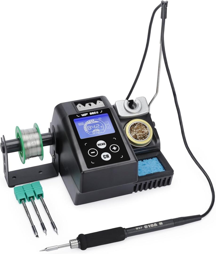 WEP 982 II Precision Soldering Station Kit with 3 C245 compatible Soldering Iron Tip Cartridge, Lead-Free Solder Wire, 4 Memory Channels, Tip Change Groove, Integrated Cleaning Tools