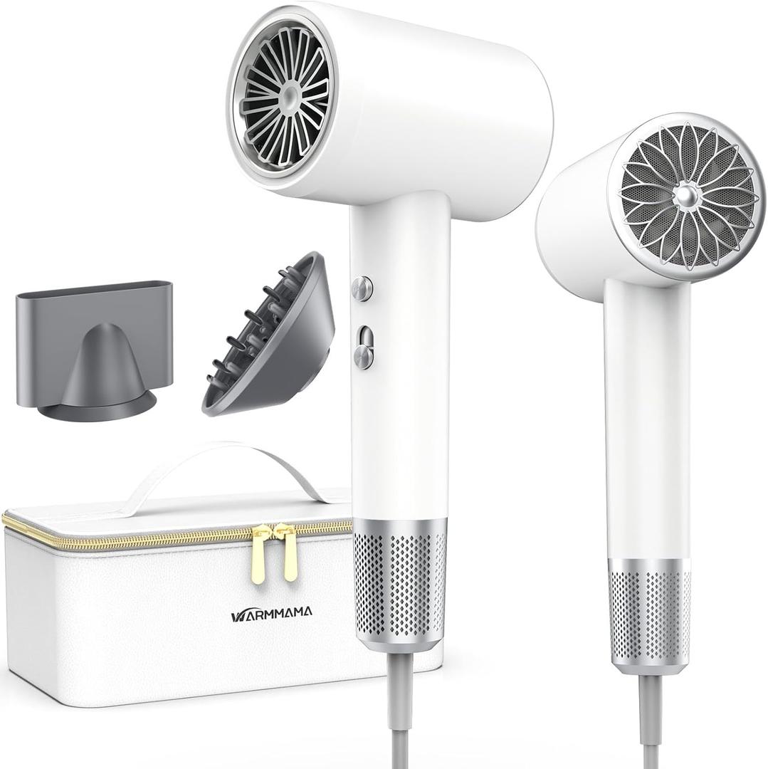 2025 New Hair Blower Dryer, warmmama High Speed Hair Dryers Ionic for Curly Hair, Quiet Thermo-Control Portable Hair Dryer with Diffuser and Nozzle for Home Travel, White