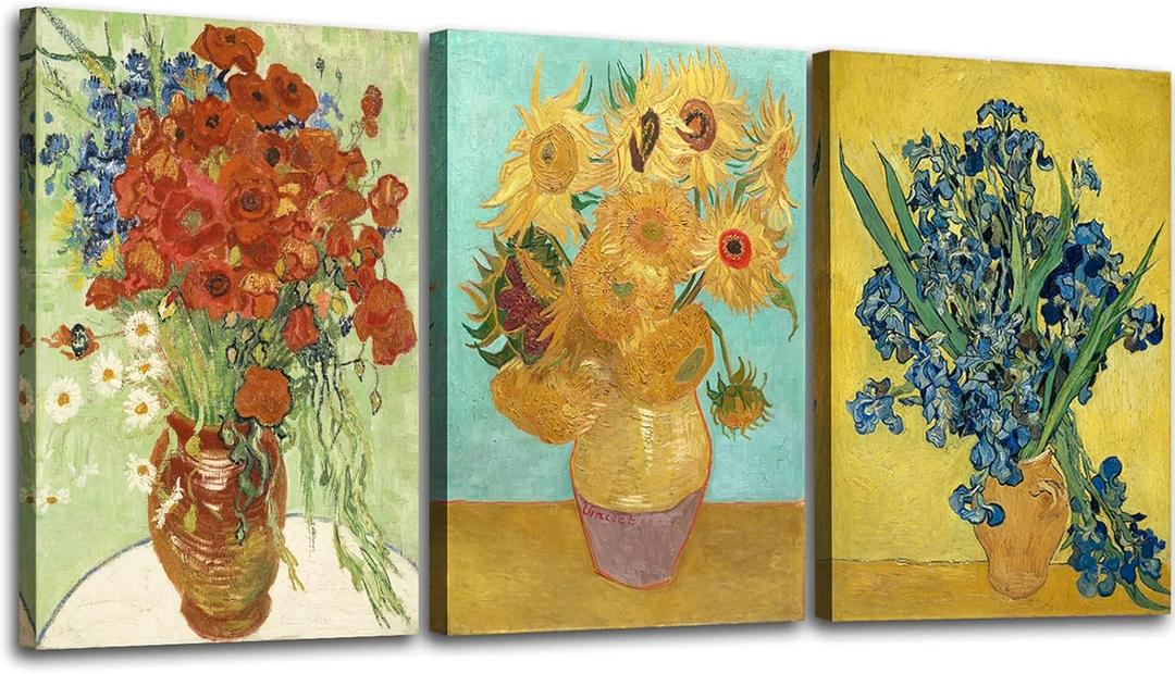 OKEXCKK 3 Piece Sunflowers- Irises Flower Vase Vincent Van Gogh Paintings Art Reproduction, Giclee Canvas Prints Wall Art for Home Decor 12"x16"