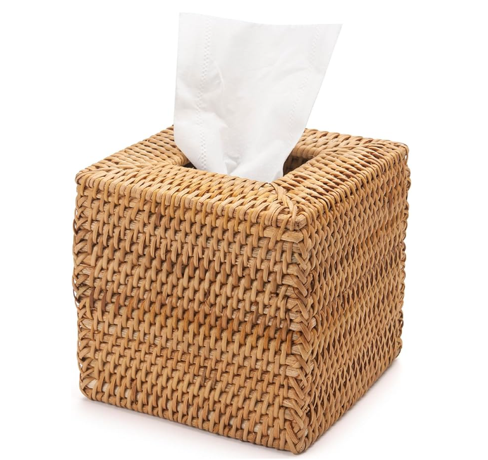 Rattan Tissue Box Cover Square, Wicker Tissue Box Holder, Decorative Woven Facial Tissue Holder for Bathroom, Kitchen, Living Room, Bedroom (Natural)