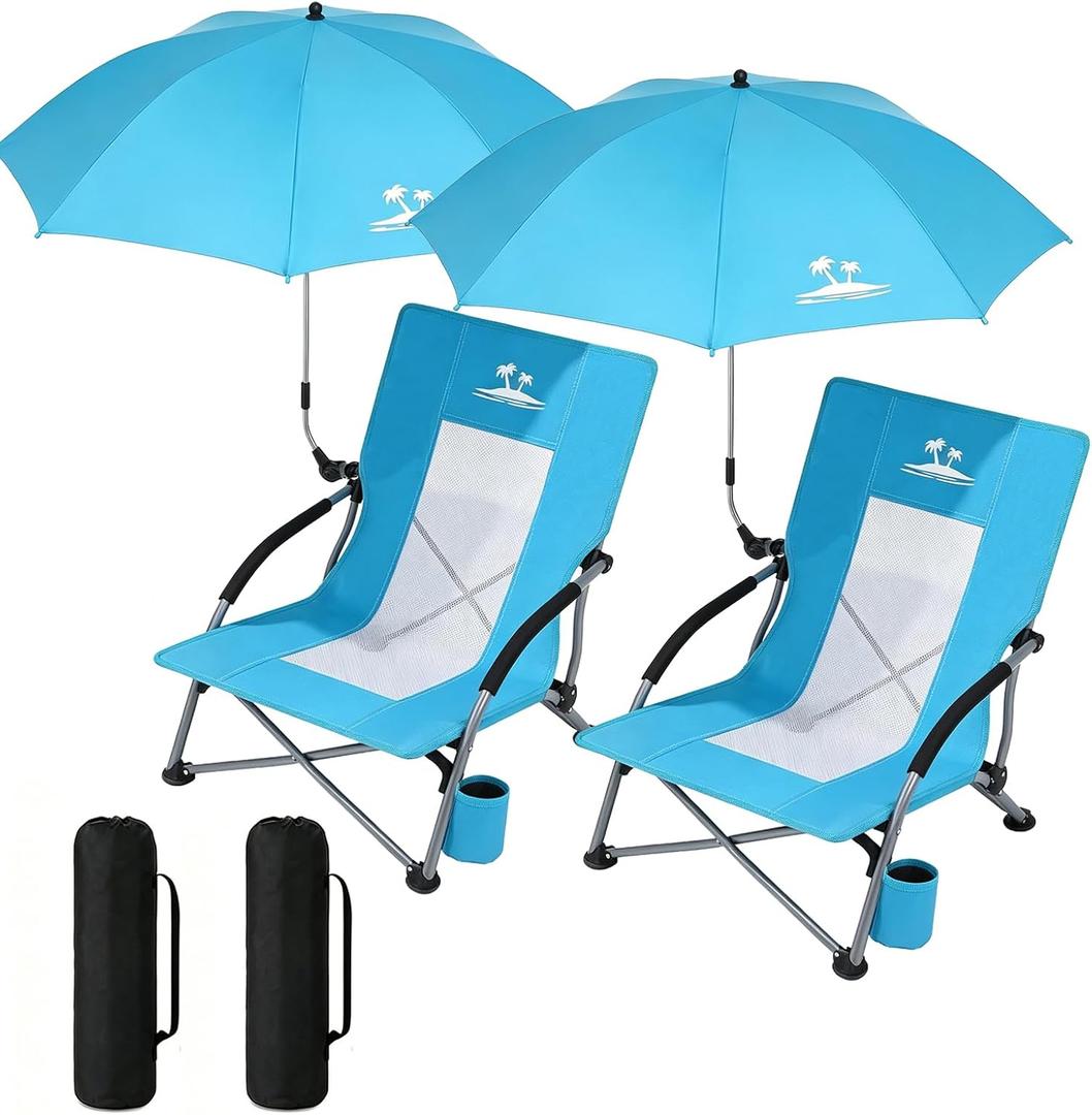 2PCS Folding Beach Chair with Umbrella, Low Profile Portable Sand Chair for Adults, Breathable Mesh Beach Seat with Cup Holder, Heavy Duty Lightweight Camping Chair for Travel, Ocean Blue