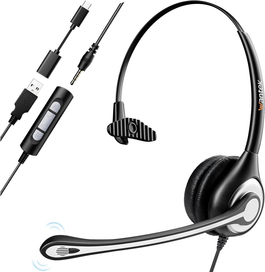 Headset wtih Mic, USB Headset with Microphone for PC, Computer Headset with Noise Canceling Microphone with Mute for Home Office Online Skype Zoom Meetings (Monaural -USB+3.5mm)