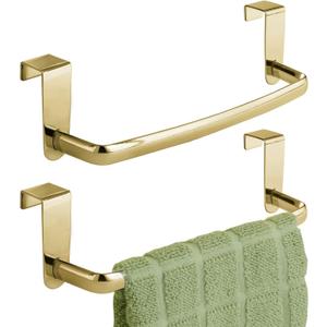 mDesign Steel Metal Wire Over Cabinet Towel Rack Storage Organizer - Hang on Cabinet or Door - Towel Bar Holder for Kitchen - Holds Hand Towels, Washcloths - Spira Collection - Soft Brass