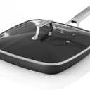 MsMk Square Grill Pan with Lid, 9.5 Inch Titanium and Ceramic Nonstick Grilling Skillet PanStay-Cool HandleCompatible with All StovetopsPFOA FreeDishwasher & Oven SafeIndoor Chicken Skille