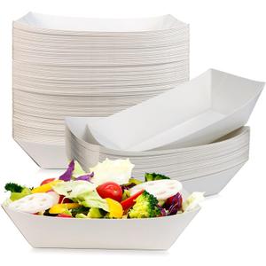 Oomcu 100 Pack 3 lb Heavy Duty Disposable Kraft White Paper Food Trays,Take Out Food Serving Boats Baskets Trays for Party Snacks French Fries Nachos Hot Dogs Tacos BBQ
