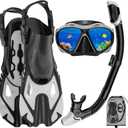 Snorkeling Gear for Adults, Mask Fin Snorkel Set, Dry Top Snorkel Mask, Panoramic View Anti-Leak Anti-Fog 3 in 1 Snorkeling Kit Travel Diving Package with Storage Bag (Large, Gray)