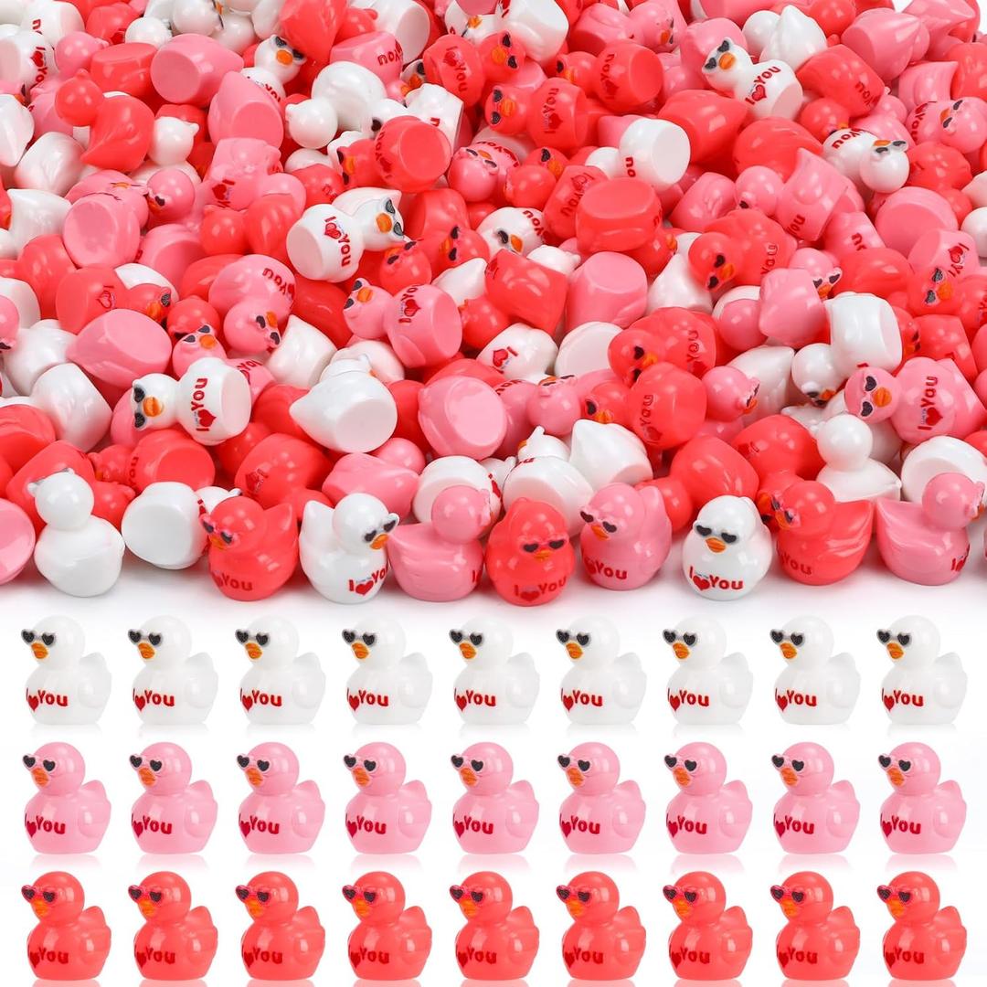 120 Pcs Valentines Day Resin Mini Ducks Valentine's Day Red Pink White Letter Tiny Resin Ducks Bulk Tiny Miniature Duck Figures for Home Tabletop Micro Garden Landscape Decoration Craft Party Favors