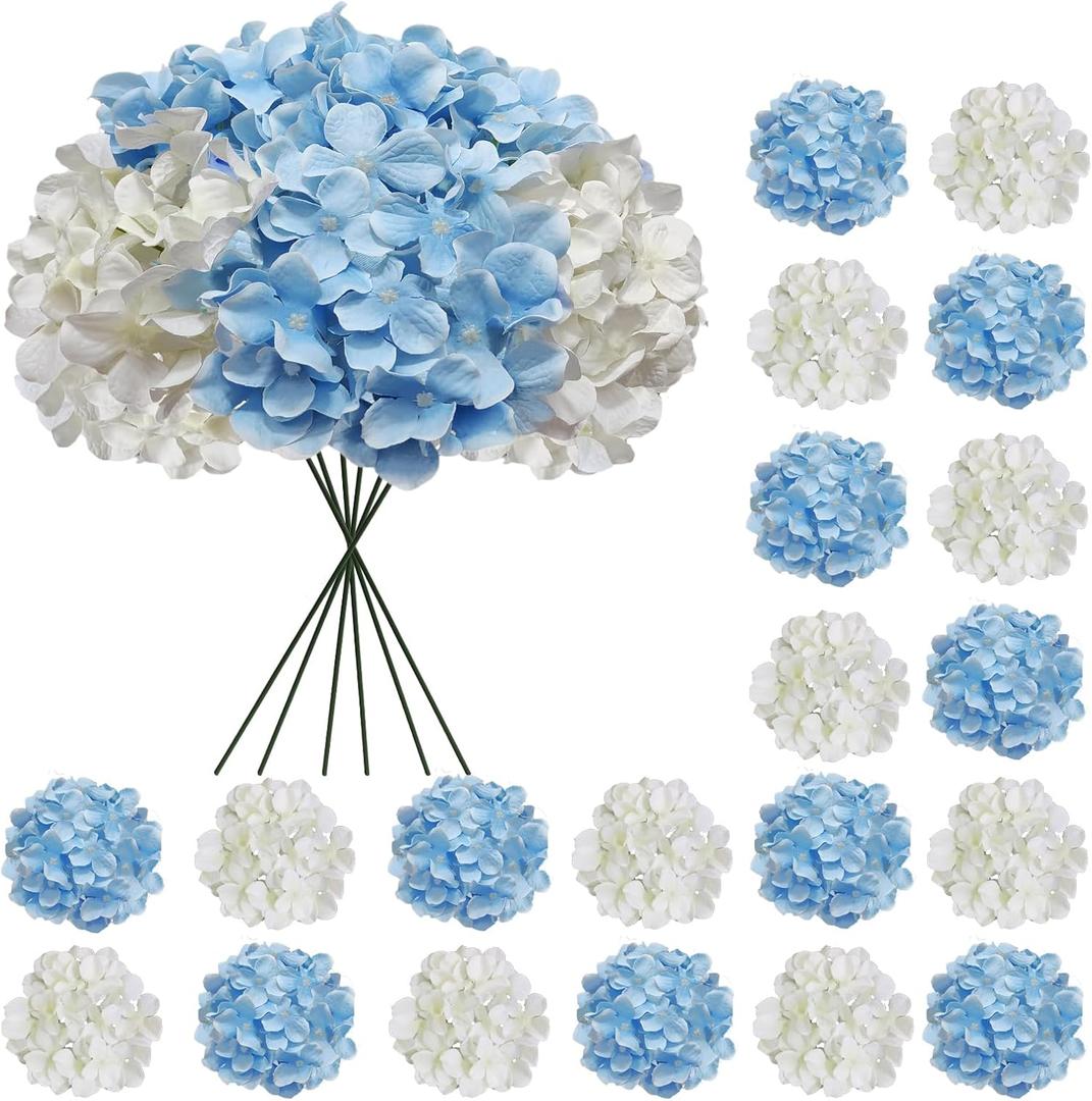 20 Pcs Blue and White Hydrangea Artificial Flowers Bulk, Faux Hydrangea Flowers Heads, Artificial Fake Silk Hydrangea Flowers with Stems, White Flowers Artificial for Decoration Wedding Dcor (White Blue)