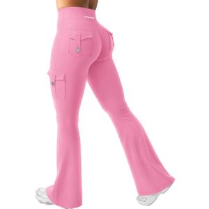 YEOREO CoreFlex Women Workout Flare Leggings with Pockets Hidden Scrunch High Waisted Cargo Gym Yoga No Front Seam Leggings (Large, Pink)