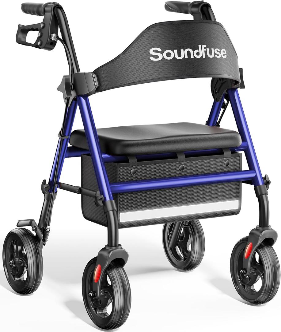 Rollator Walkers with Seat for Seniors, Foldable 8" Big Wheels All Terrain Rolling Walker, Handles and Ergonomic Seat Height Adjustable, 350 lb, FSA HSA Eligible (Blue)