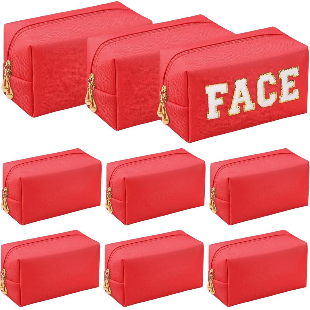 Sanwuta 9 Pcs Makeup Bags Bulk PU Double Zippers Cosmetic Bag Makeup Toiletry Small Pouch Portable Travel Organizers Case for Women Bridesmaid Proposal Gifts(Red)