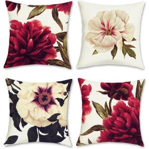 Bonhause Spring Floral Throw Pillow Covers 18x18 Inch Red Peony Burgundy Flower Outdoor Decorative Pillow Cases Polyester Linen Cushion Covers for Sofa Couch Bedroom Home Decor Set of 4