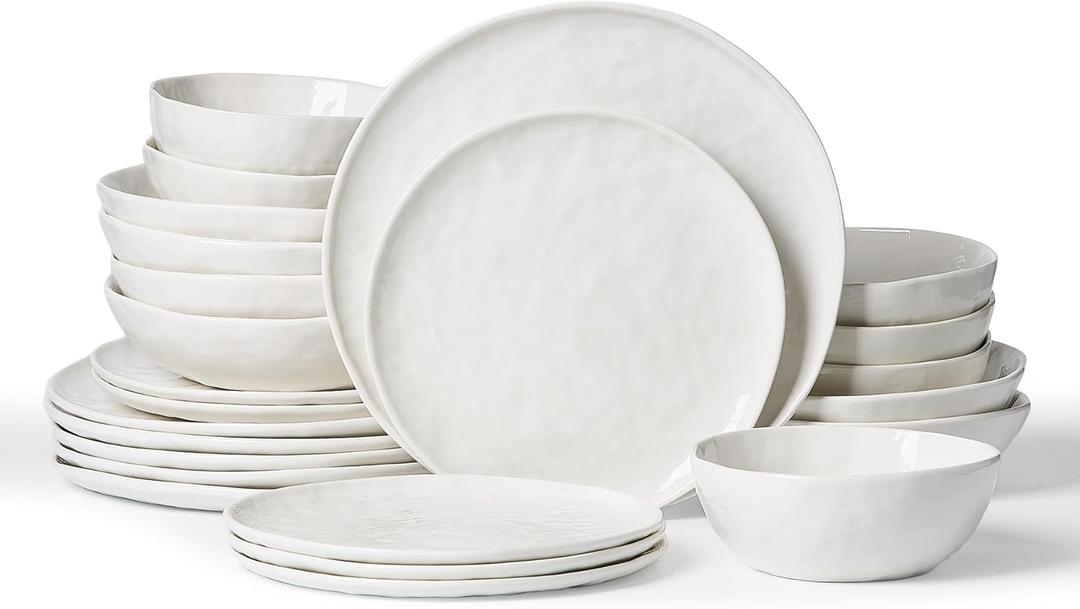 Famiware Porcelain kitchen plates and bowls set, Modern dishes set for 6, Handmade Wave Edge Dinnerware Sets, Microwave and Dishwasher Safe Tableware, Polar White (24pc)