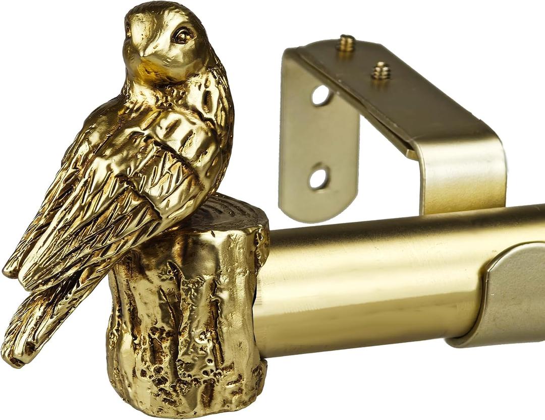1-1/8 Inch Diameter Brushed Gold Curtain Rod with Bird Design Finials, 72-144'' Telescoping Single Curtain Rods for window width 68-140 inch, Decorative Drapery Rods for Bedroom,Living Room
