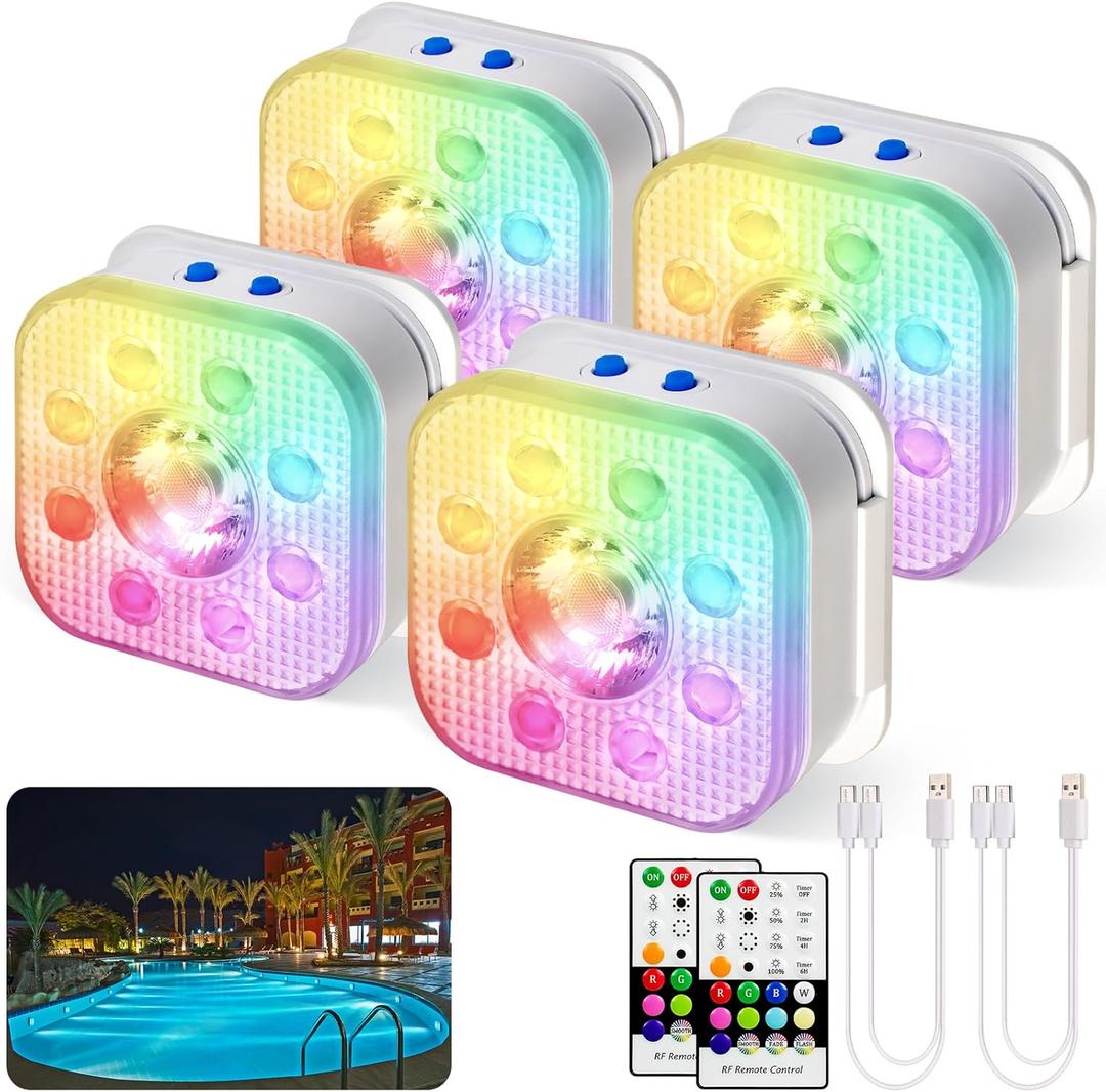HL Pool Lights,Rechargeable Submersible LED Lights with Remote,Waterproof Magnetic Floating Light,Underwater Battery Spotlight for Above Ground/Inground Swimming Pools,Hot Tubs,Fountains-4 Pack
