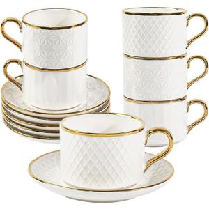 Espresso Cups and Saucers Set of 6, 7 OZ Porcelain Cappuccino Cups with Saucers, Stackable Coffee Mugs for Demitasse, Latte, Cafe, Mocha, Tea, Mother's Day Gift Thanksgiving Christmas Gift Present
