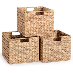 12x12x10in Water Hyacinth Storage Basket Large, Folding Cube Woven Wicker Storage Basket for Shelves, Pantry Baskets Organization and Storage, Kitchen Storage Baskets, Large Rattan Basket Set of 3