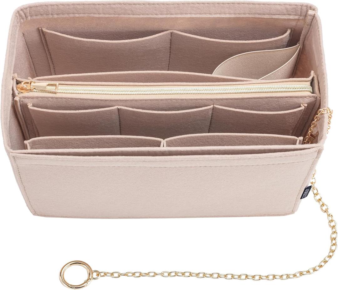 Purse Organizer Insert, Handbag Organizer with Zipper, Tote Shaper with Cup Holder & Keychain, Compatible with LV, Neverfull, MK, COACH, Longchamp, Kate Spade Khaki-Lg