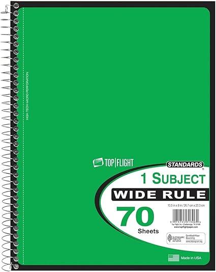 Top Flight Spiral Notebook, 1 Subject, 70 Wide Ruled Sheets, Green