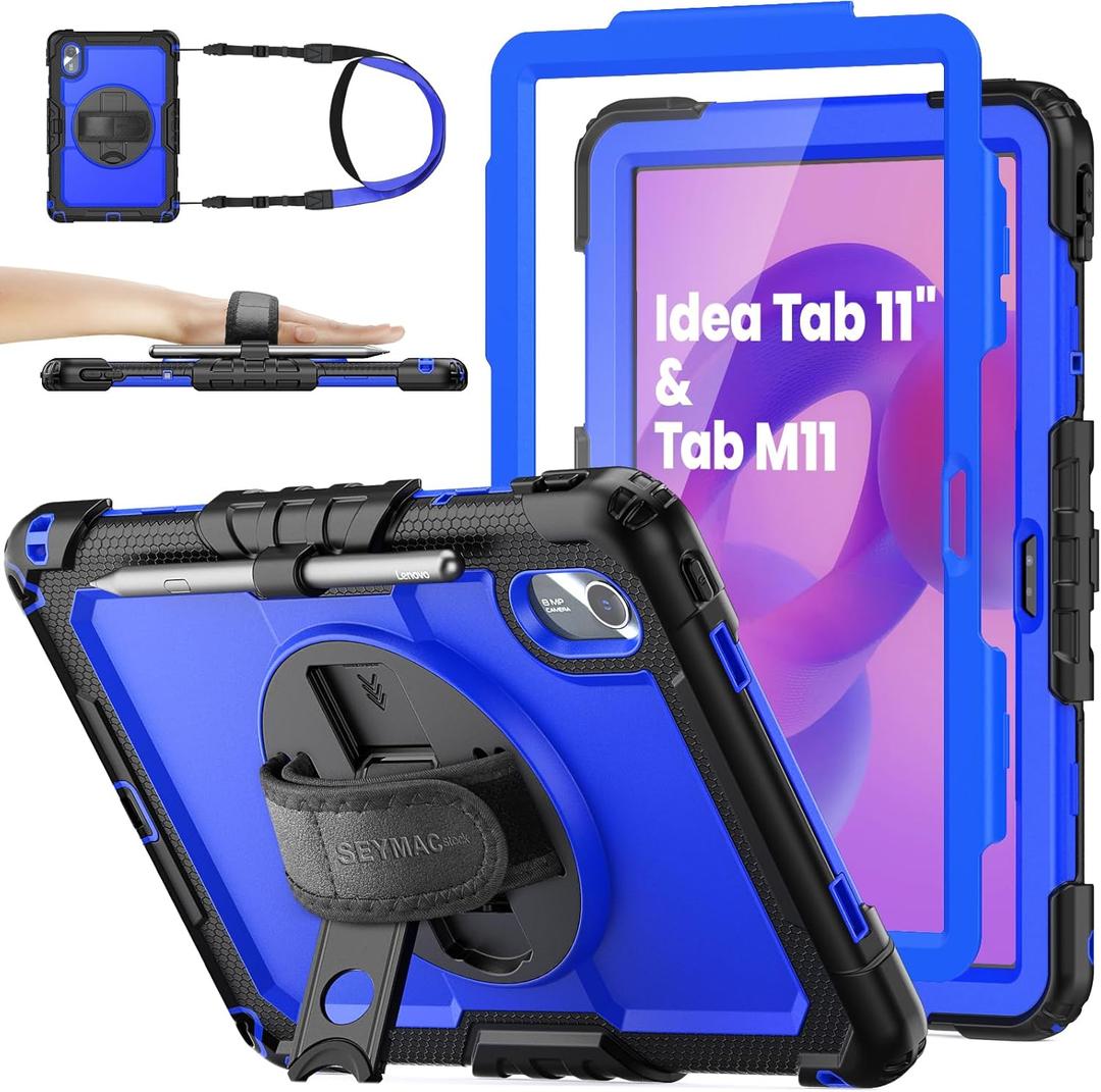 SEYMAC stock Case for Lenovo Idea Tab 11'' 2025/ Tab M11 2024/ K11 (TB336FU/TB330FU), Drop-Proof Case for Lenovo 11 inch with 360 Rotate Stand/Strap [Pen Holder] & Screen Protector, Blue+Black