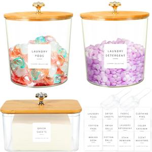 3 Pack Laundry Room Organization and Storage Jars Laundry Pod Containers and Dryer Sheet Holder with Lids and Labels for Laundry Detergent Laundry Pods Dry Sheet Organizing and Food Storage (2+1 Pack(Round)