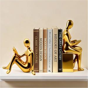 Decorative Bookends Set, Ceramic Book Ends for Shelves, Home Office Aesthetic Book Stopper, Reading Book Holder Statues for Bookshelf Bedroom Living Room Decor (Gold)
