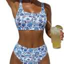ZAFUL Women's High Waisted Swimsuit Scoop Neck Textured Floral Bikini Set 2 Piece Bathing Suit (Brown)