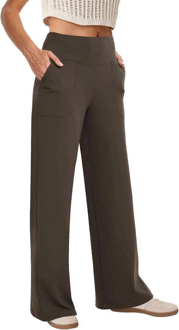 COPYLEAF Wide Leg Pants Woman High Waist Yoga Pants with Pockets Loose Stretch Dress Work Sweatpants Casual Lounge (Medium, Brown)