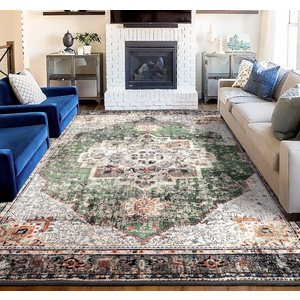 Green Boho Area Rug 6x9 Washable Large Vintage Rug for Living Room Bedroom Office Kitchen Entrance Dining Room Non Slip Soft Low-Pile Farmhouse, Green/Multi