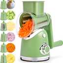 SUSTEAS Rotary Cheese Grater with Handle,Vegetable Slicer with 6 Interchangeable Blades, Reinforced Suction,Easy to Clean,Kitchen Chopper for Crushed Ice,Fruits and Nuts with Blade Storage Case,Green