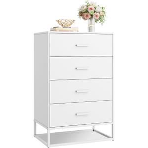 WLIVE Wood Dresser for Bedroom with 4 Drawers, Nightstand, Chest of Drawers, Tall Dresser Drawers with Sturdy Metal Frame for Hallway, Living Room, Closet, White