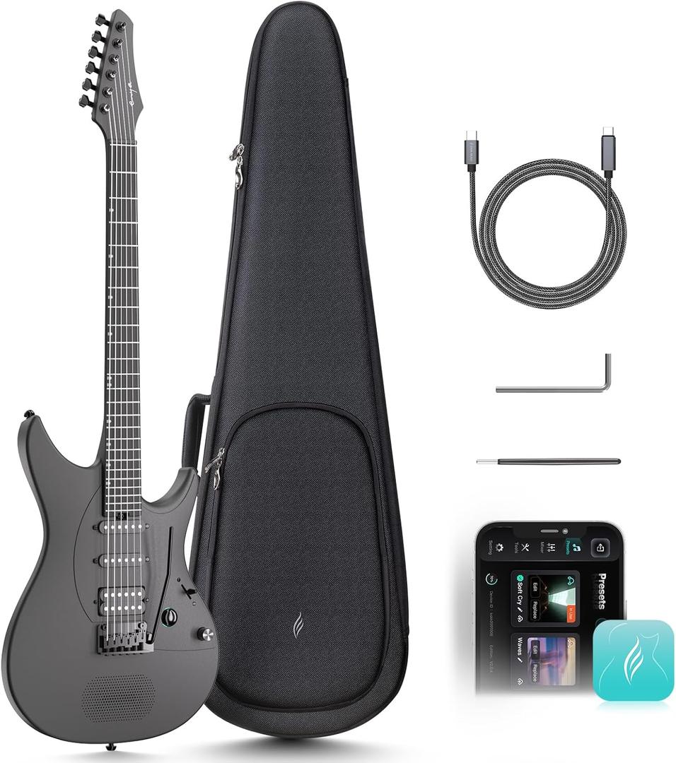 Enya Inspire 39" Smart Electric Guitar - Carbon Fiber Body with Built-in 15W Speaker, 20 Tones & App Control, 4 Presets, Bluetooth, Gig Bag Included (Black)